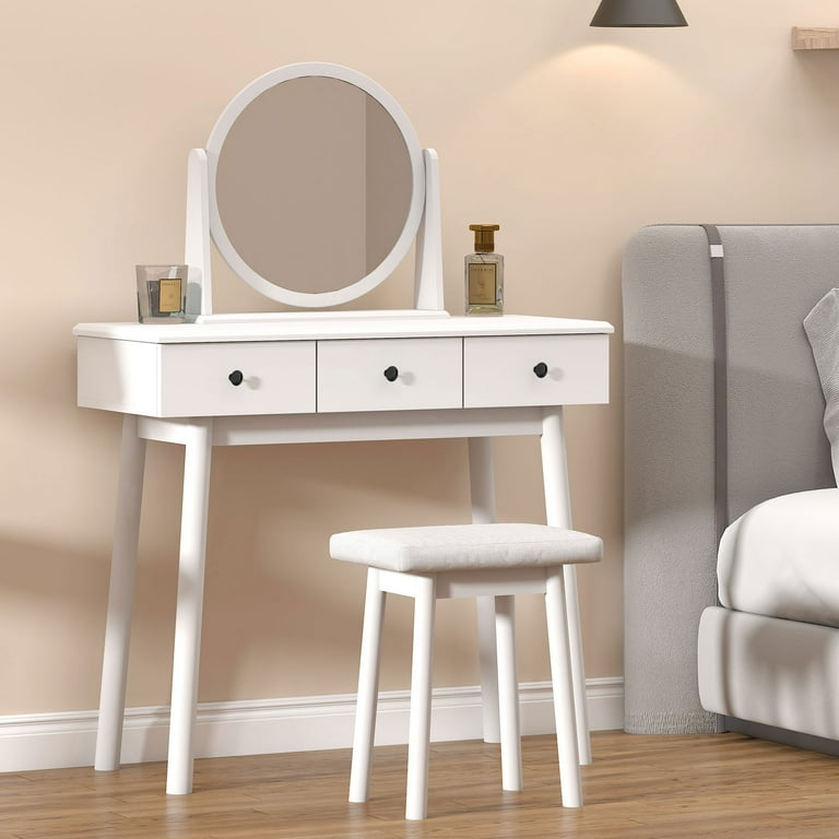 Soges Vanity Table Set with 360 Pivoting Mirror Makeup Dressing Table with 3 Drawers and Stool Modern White