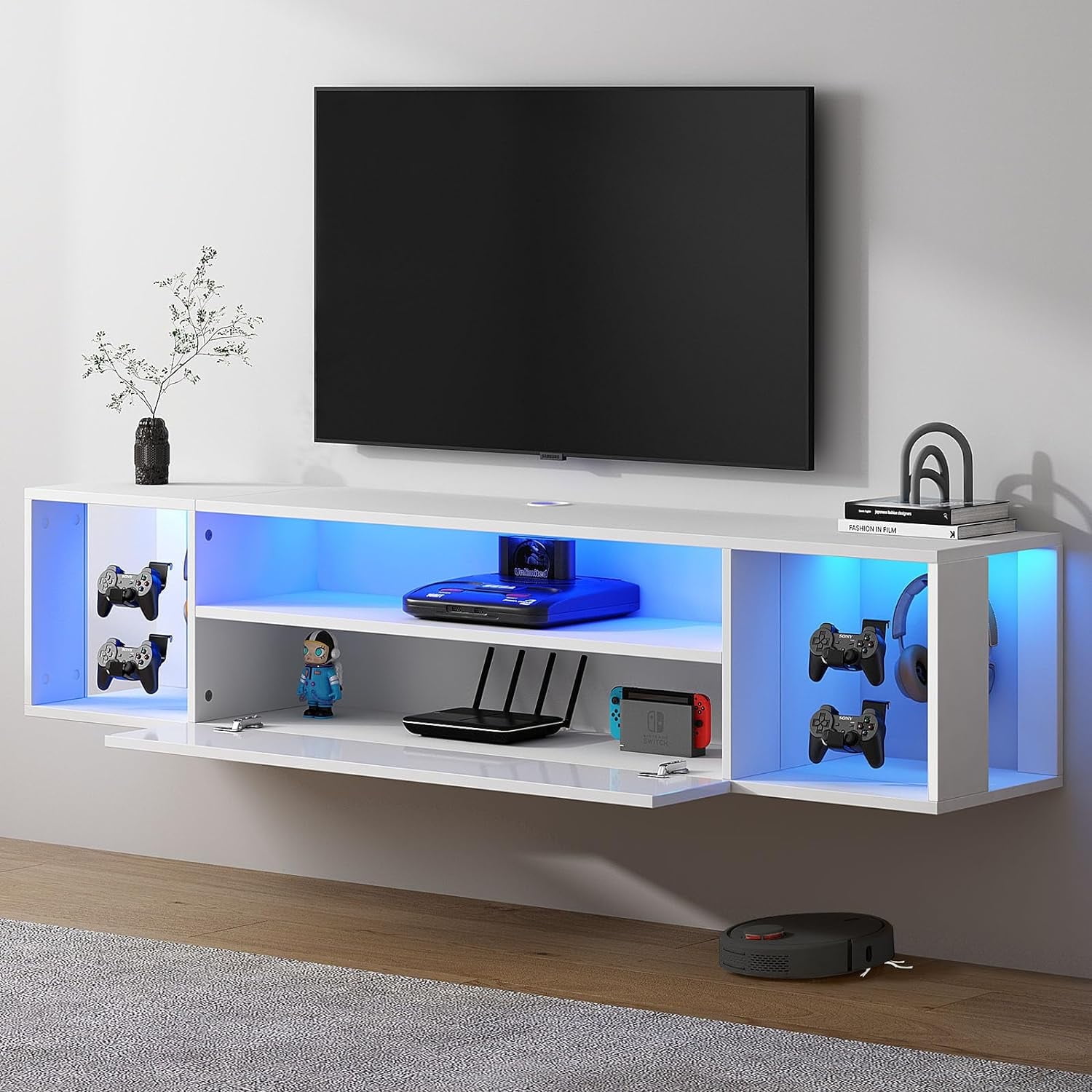 Soges Wall Mounted TV Cabinet with 3 Drawers and LED Lights Floating TV Stand with LED for Living Room Bedroom White 55 inch
