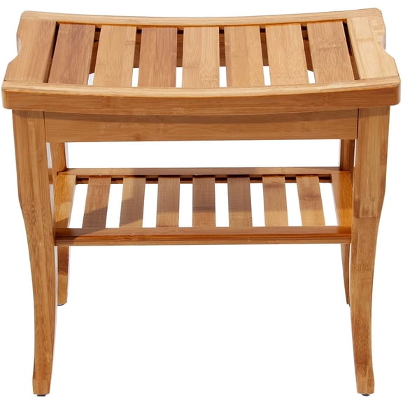 SogesGame Bamboo Shower Bench Stool with Shelf 2-Tier Wood Storage & Seating for Bathroom, Shower Bench Waterproof Chair, Bath Stool, Spa Sauna Seat,KS-HSJ-04-S8-US