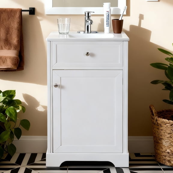 SogesHome 20-Inch Bathroom Vanity with Ceramic Sink, Solid Wood Frame, Drawer and Door-Mounted Storage Rack, Modern Style, White