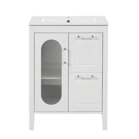 SogesHome 24-Inch White Bathroom Vanity with Sink - Solid Wood & MDF Cabinet with 2 Drawers, Door & Adjustable Shelf