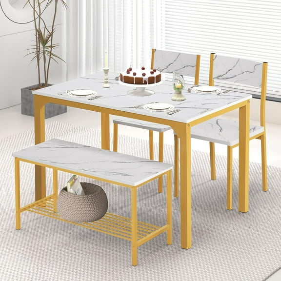 SogesHome 4-Piece Kitchen Table and 2 Chairs for 4 with Bench, Dining Table Set for Small Space, Apartment, Living-Room, Restaurant, Golden