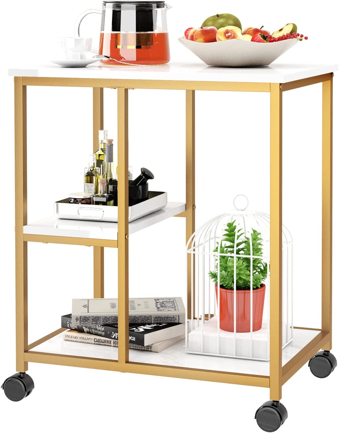 Gold Marble Top Metal Frame Rolling Bar Cart with Storage