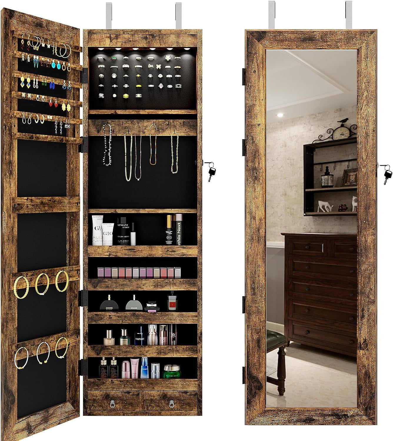 Fredees 360° Swivel LED Jewelry Cabinet, Lockable Wavy Mirror Organizer With Rear Shelves And Makeup Tray White