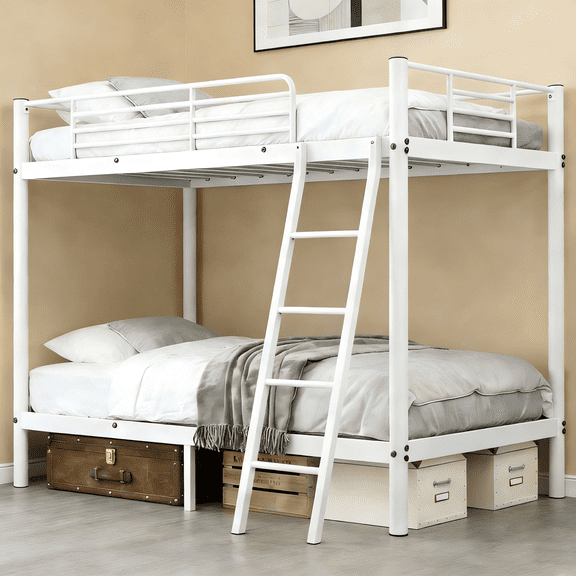 SogesHome Twin Over Twin Metal Bunk Bed, Bed Frame With Safety Rails And Sturdy Ladder, Ample Underbed Storage, White