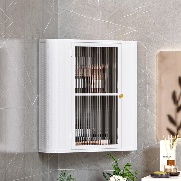 SogesHome Wall Mounted Corner Medicine Cabinet, Bathroom Corner Storage Cabinet with Shelves & Glass Door, Space-Saving Hanging Organizer for Toilet Laundry Bathroom, 22.2" x 23.6", White