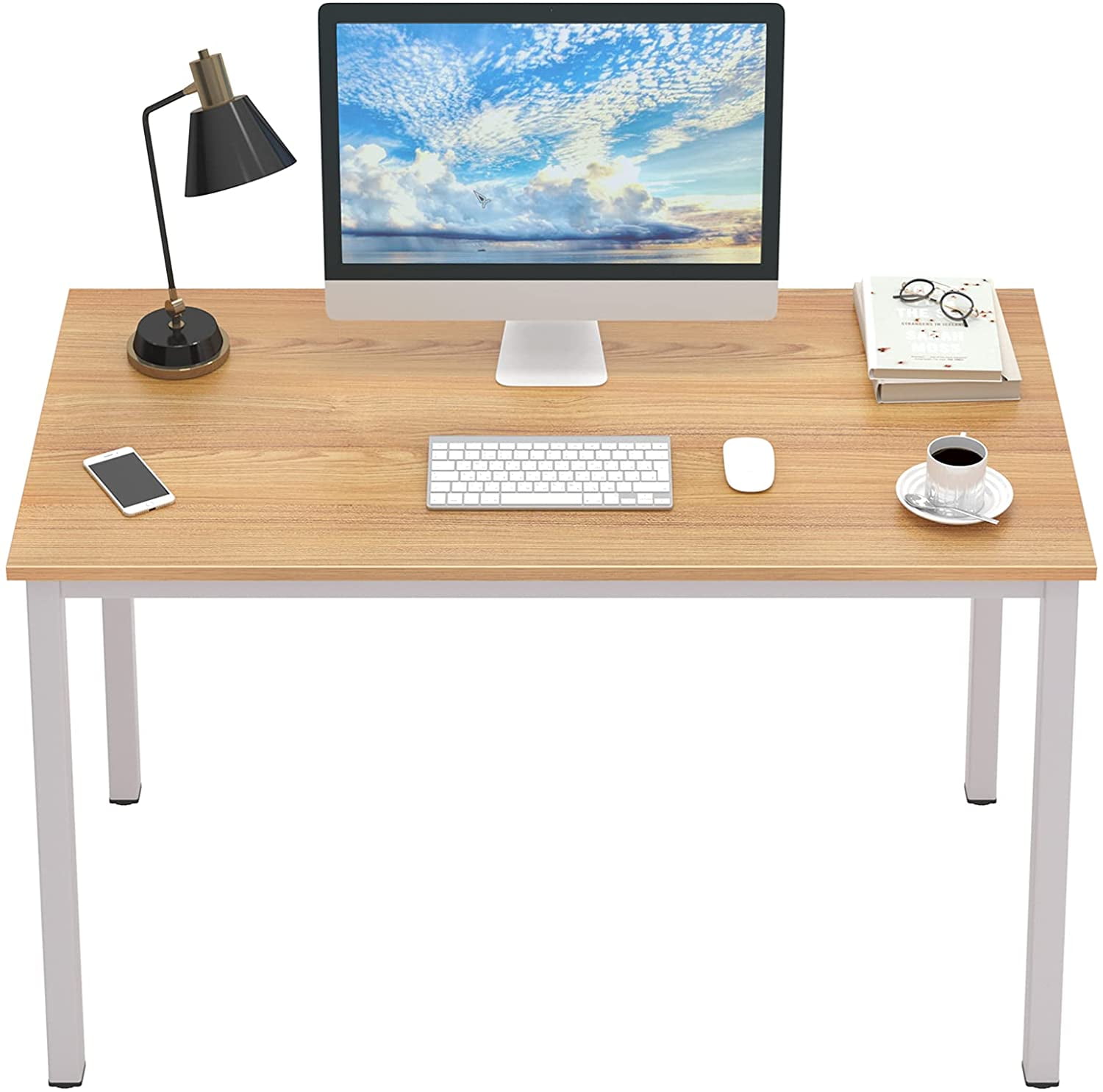 SogesPower 29.5"H Modern Wood Computer Desk- Teak White