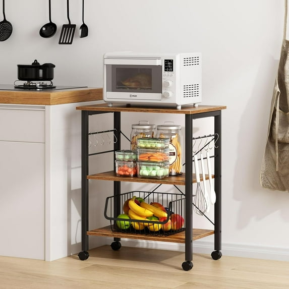SogesPower 3-Tier Kitchen Island Microwave Cart with Wheels Kitchen Organizer Storage Shelf- Rustic