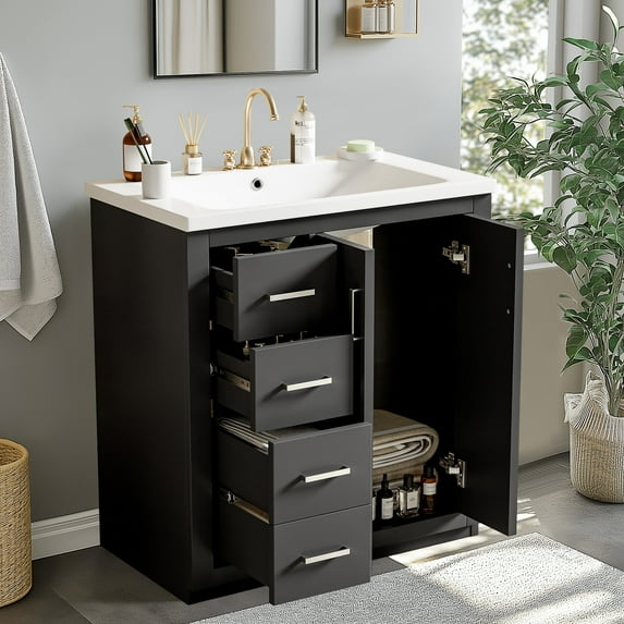 SogesPower 30" Bathroom Vanity with Ceramic Sink, Solid Wood Bathroom Makeup Cabinet with One Cabinet and 3 Drawers, FreeStanding Single Basin Vanity Set for Bathroom, Black