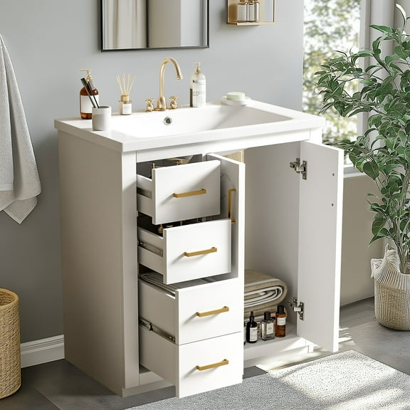 SogesPower 30" Bathroom Vanity with Ceramic Sink, Solid Wood Bathroom Makeup Cabinet with One Cabinet and 3 Drawers, FreeStanding Single Basin Vanity Set for Bathroom, White