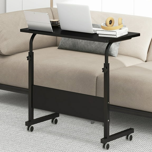 SogesPower 31.5" Adjustable Mobile Side Table with Card Slot and Wheel, Design for Home- Black