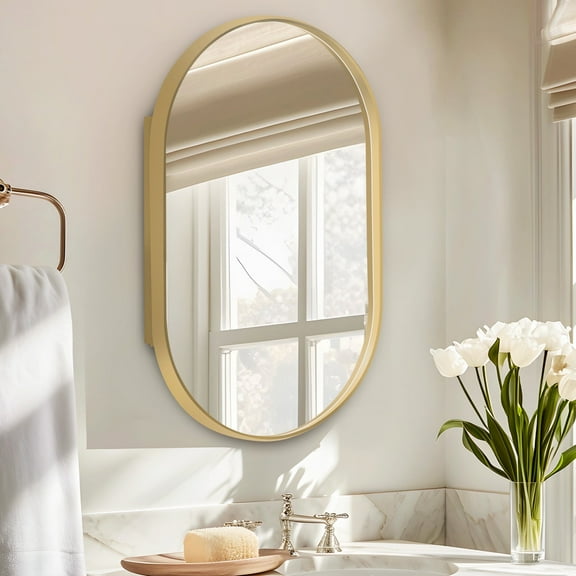 SogesPower 34"*21" Ironmongery Frame Wall Mount Mirror Bathroom Medicine Cabinet- Gold