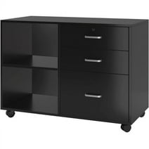 SogesPower 35" Wood File Cabinet with 3 Drawers Mobile Lateral- Black