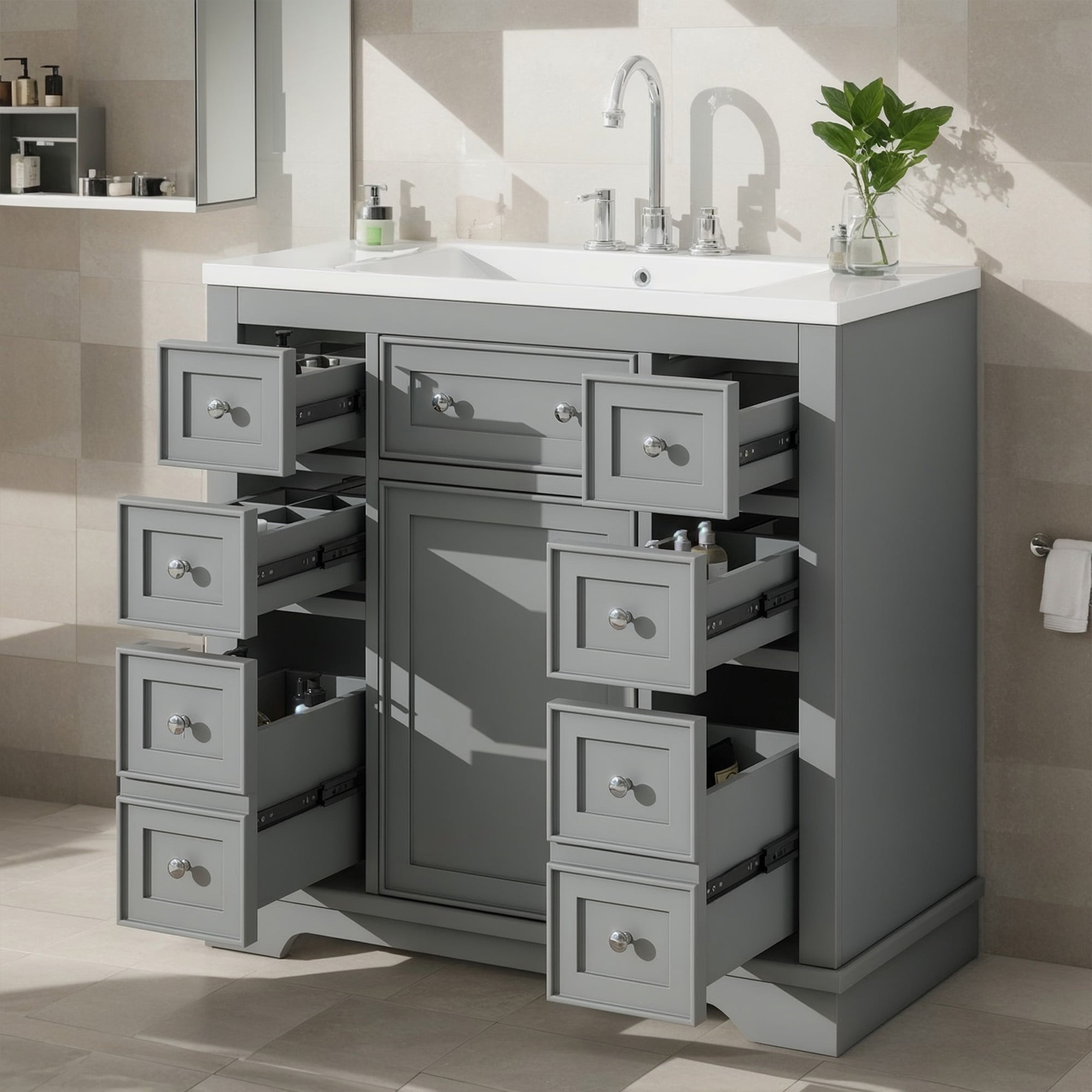 SogesPower 36" Bathroom Vanity with Ceramic Sink, Solid Wood Bathroom Makeup Cabinet with One Cabinet and 6 Drawers, Adjustable Shelf, FreeStanding Single Basin Vanity Set for Bathroom, Grey