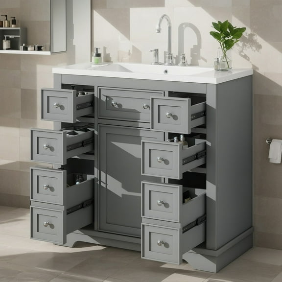 SogesPower 36" Bathroom Vanity with Ceramic Sink, Solid Wood Bathroom Makeup Cabinet with One Cabinet and 6 Drawers, Adjustable Shelf, FreeStanding Single Basin Vanity Set for Bathroom, Grey