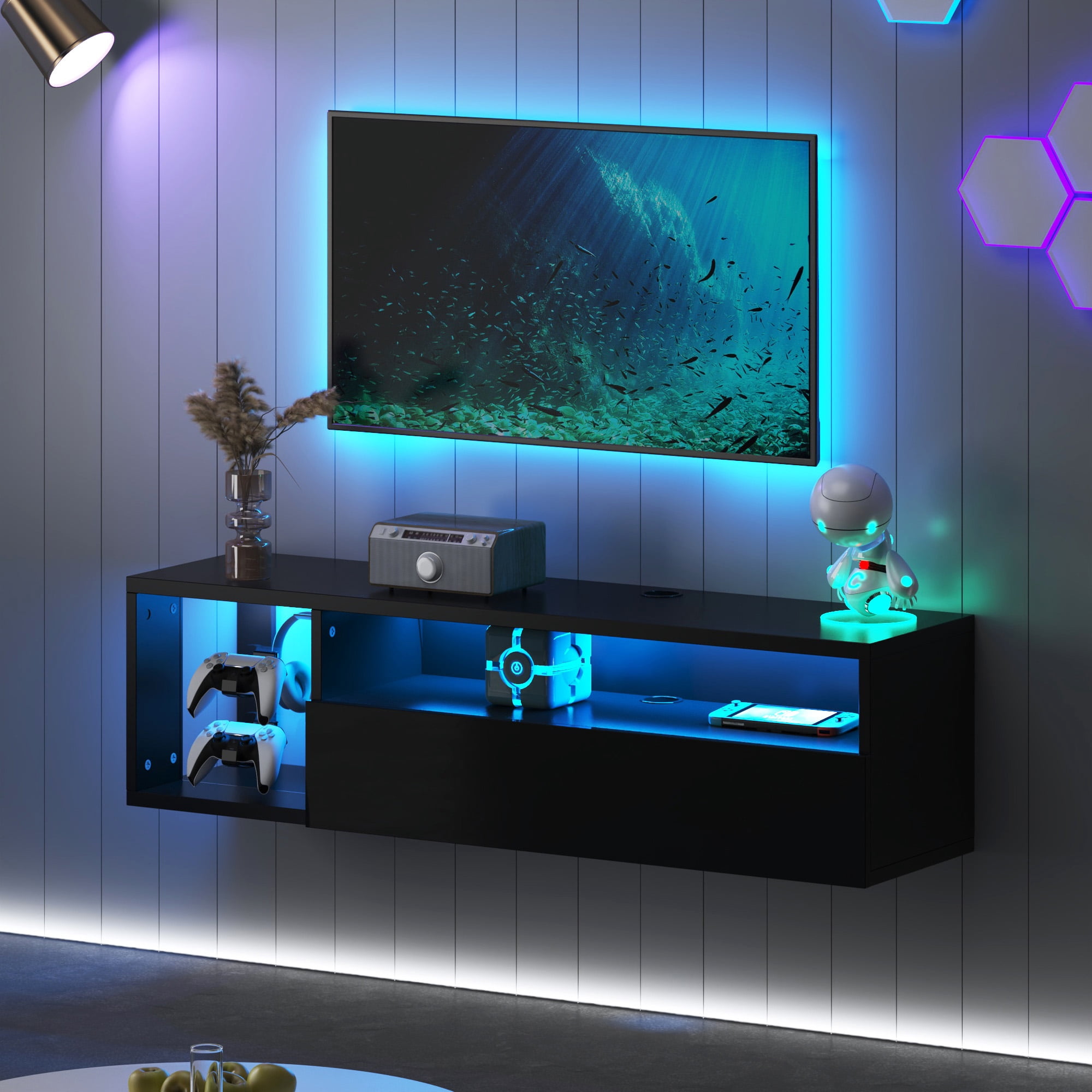 SogesPower 39.3 inches Length Floating TV Stand with Lights,Floating Entertainment Center, Suitable for Maximum Screen Size of 65 Inches,Black