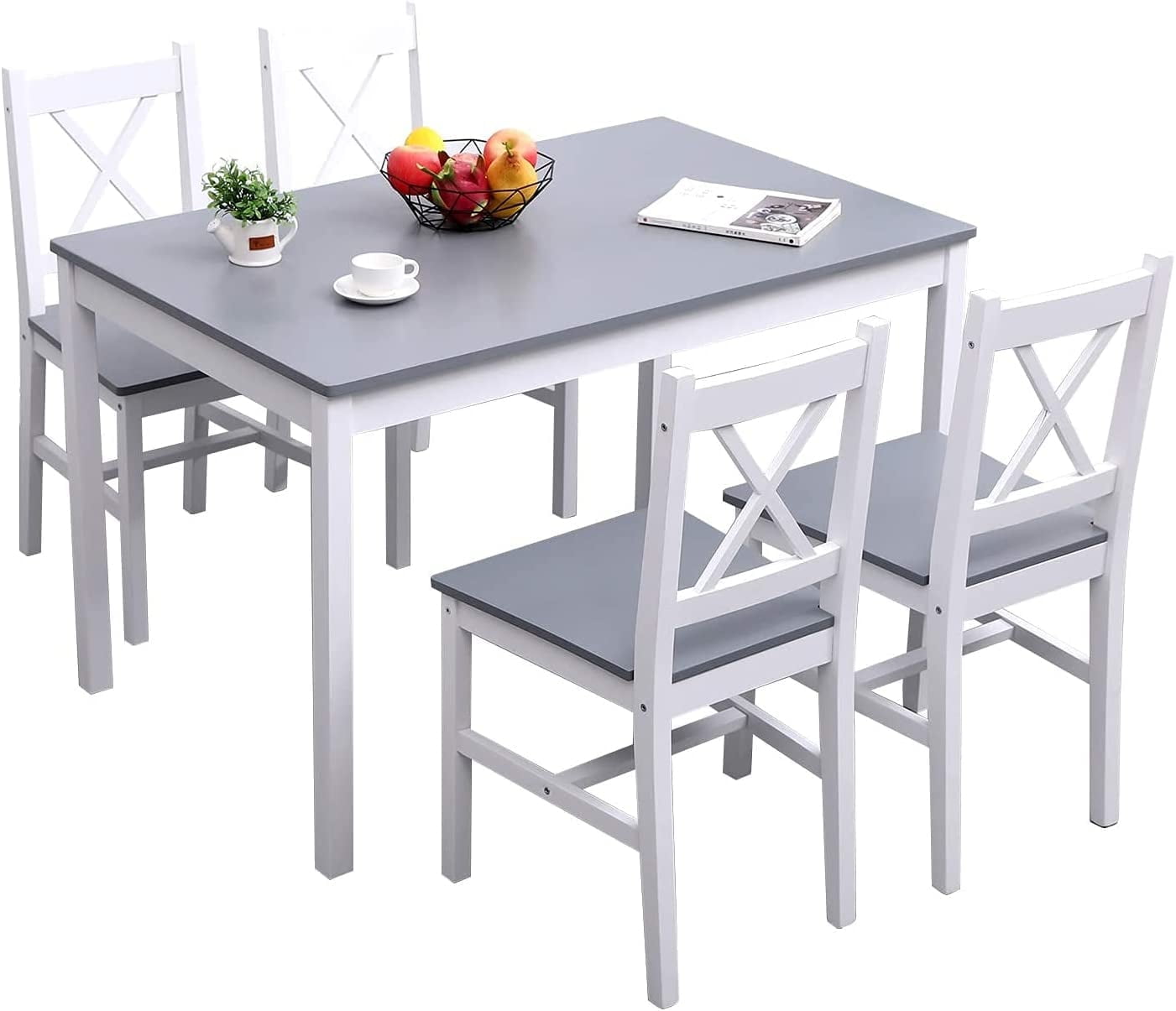 SogesPower 5-Piece Dining Table Set for 4 Persons, Wood Kitchen Table Set with 4 Chairs, Gray-White