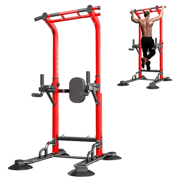 SogesPower 94.5"H Power Tower Pull Up Bar Station, 12 Adjustable Height Pull Up Bar Stand for Home Gym, Multi-Function Pull Up Dip Station Dip Bar Strength Training Fitness Equipment, 330LBS, Red