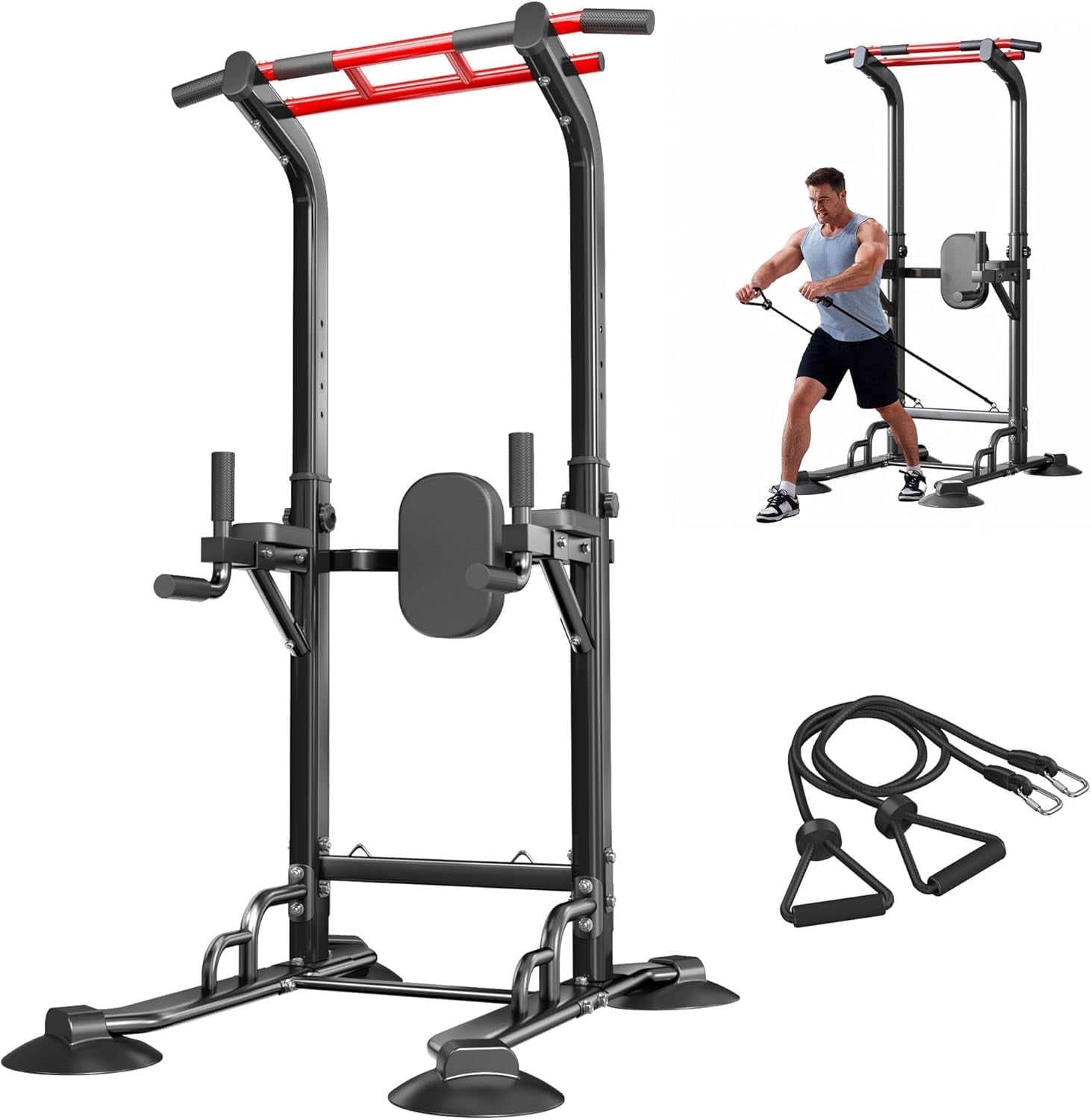 SogesPower 94.5"H Power Tower Pull Up Bar Station with Bands, 12 Adjustable Height Pull Up Bar Stand for Home Gym, Multi-Function Pull Up Dip Station Strength Training Fitness Equipment, 330LBS,Balck