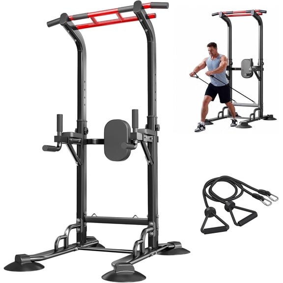 SogesPower 94.5"H Power Tower Pull Up Bar Station with Bands, 12 Adjustable Height Pull Up Bar Stand for Home Gym, Multi-Function Pull Up Dip Station Strength Training Fitness Equipment, 330LBS,Balck