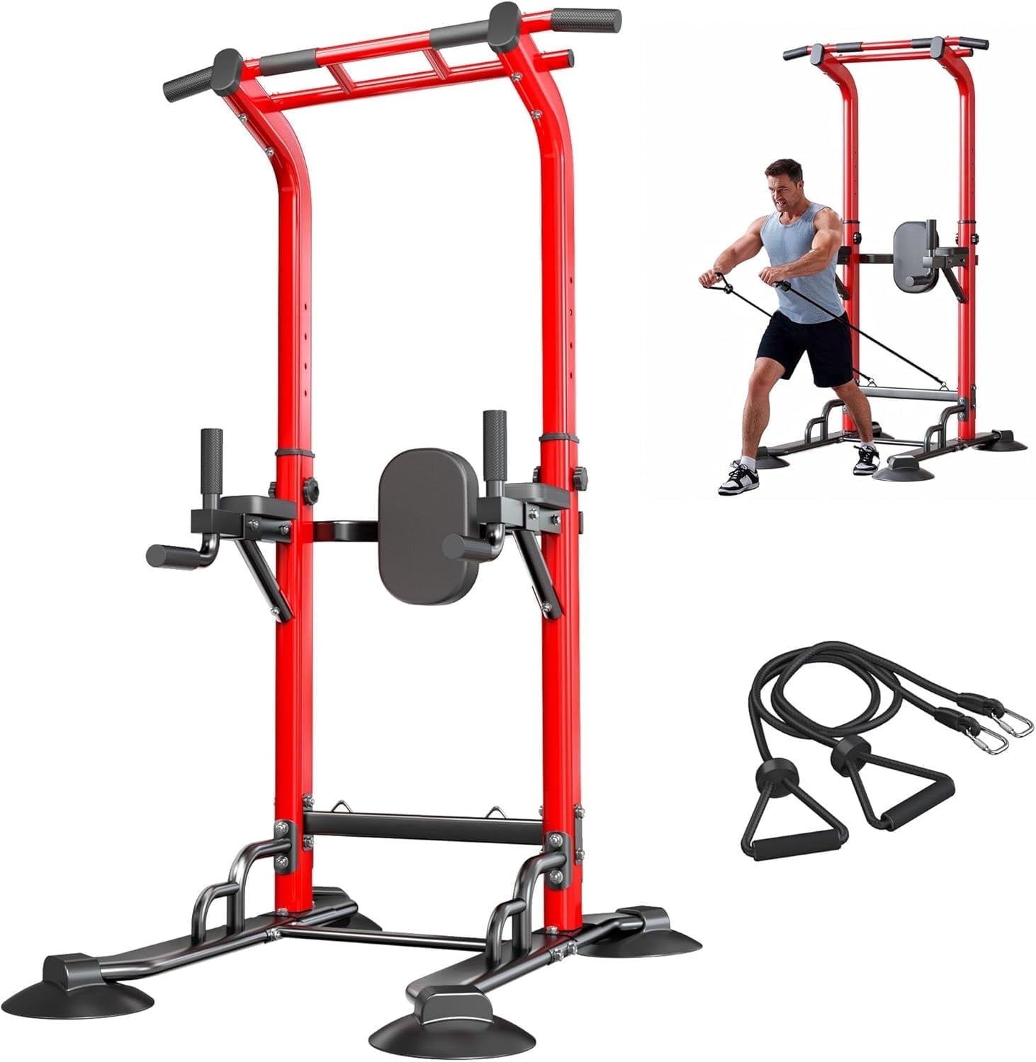 SogesPower 94.5"H Power Tower Pull Up Bar Station with Bands, 12 Adjustable Height Pull Up Bar Stand for Home Gym, Multi-Function Pull Up Dip Station Strength Training Fitness Equipment, 330LBS, Red