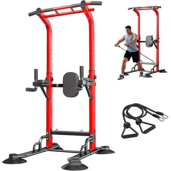 SogesPower 94.5"H Power Tower Pull Up Bar Station with Bands, 12 Adjustable Height Pull Up Bar Stand for Home Gym, Multi-Function Pull Up Dip Station Strength Training Fitness Equipment, 330LBS, Red
