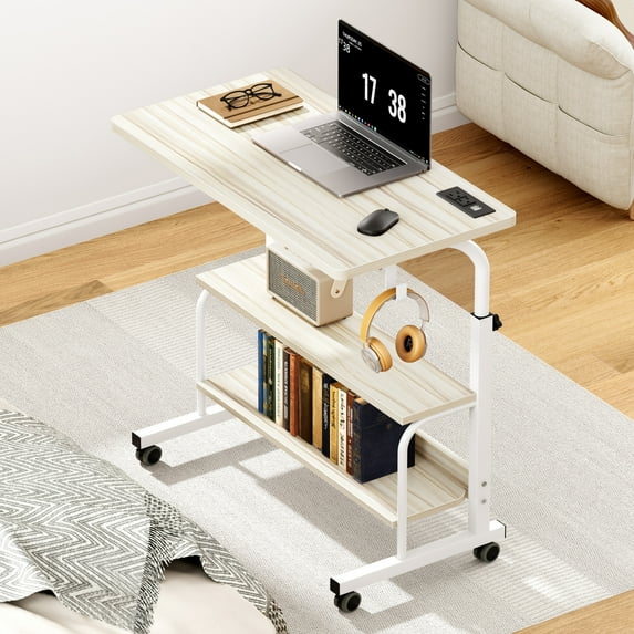 SogesPower Adjustable Side Table on Wheels,Mobile Desk with Two Storage Compartments,USB Ports,Sockets,Beige
