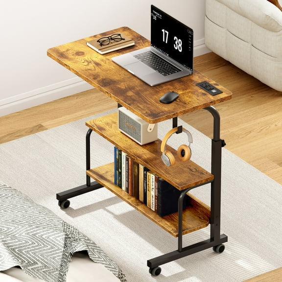 SogesPower Adjustable Side Table on Wheels,Mobile Desk with Two Storage Compartments,USB Ports,Sockets,Brown