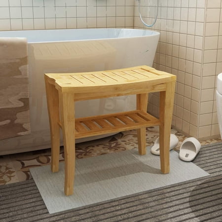 SogesPower Bathroom Bench Bamboo Wood Stool Non-Slip Waterproof Shower Seat with Storage Shelf