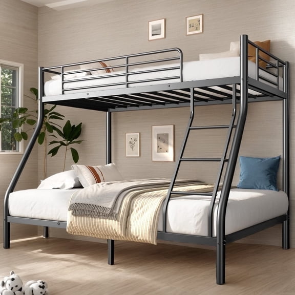SogesPower Twin Over Full Bunk Bed Metal Bed Frame, Heavy Duty Sturdy Bed Frame with Safety Rails for Teens and Adults, Black