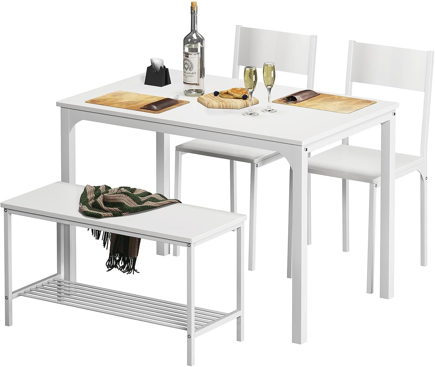 SogesPower Dining Table Set for 4, Kitchen Table with 2 Chairs and 1 bench, Use for Living Room Dining Room Kitchen, White