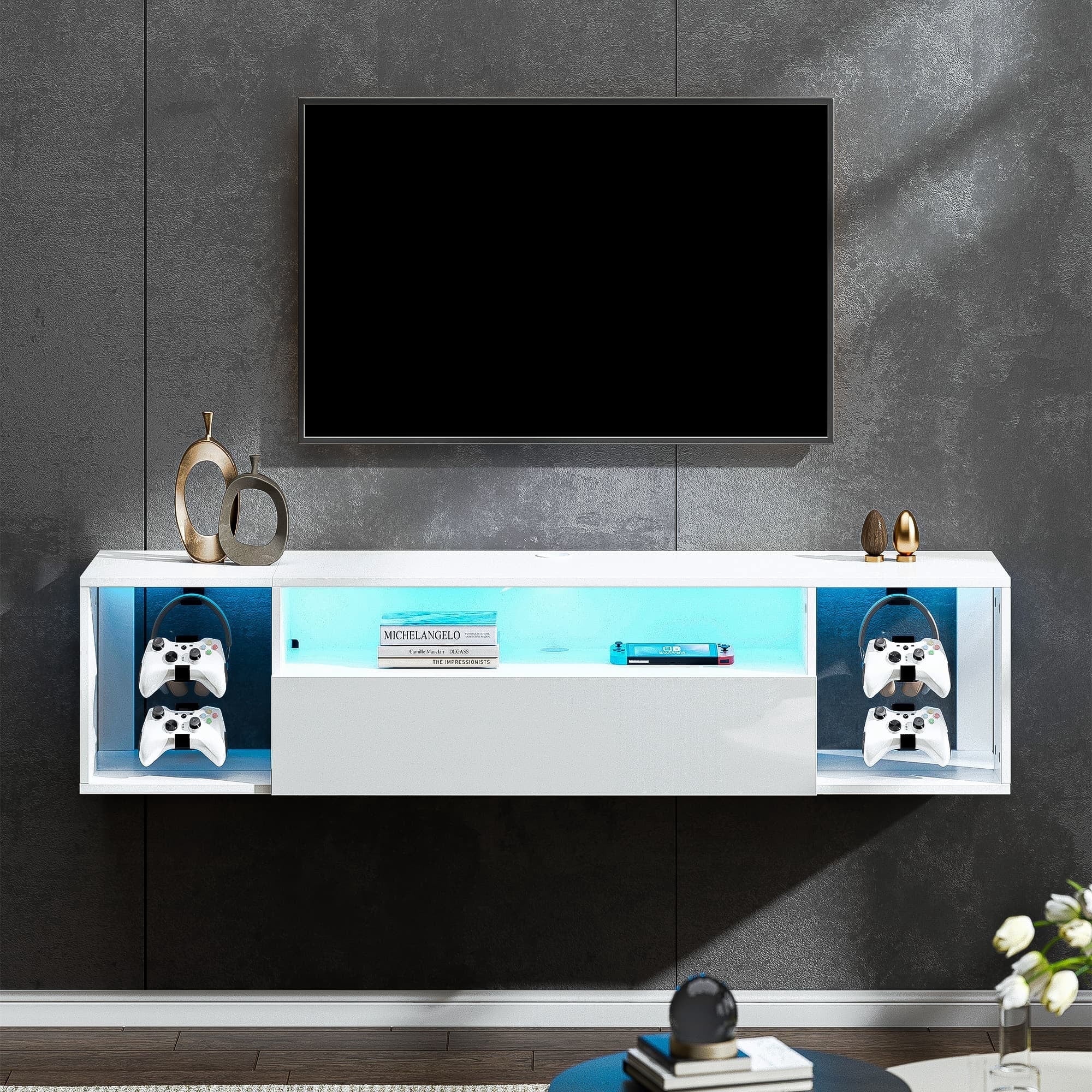 SogesPower East Install Television Stand with Storage, Wood White, 55.10 x 11.80 x 11.80 Inches,White