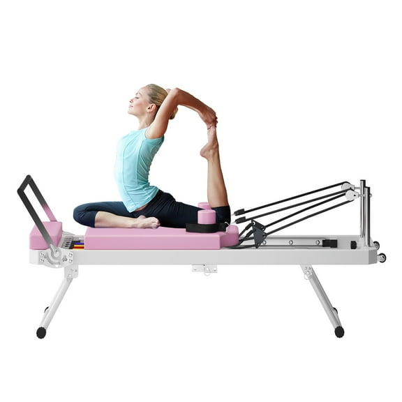 SogesPower Foldable Pilates Reformer Machine for Home Gym Workout, Portable Foldable Pilates Equipment with High Strength Alloy Springs for Beginners, Up to 400lbs Weight Capacity, Pink 87"