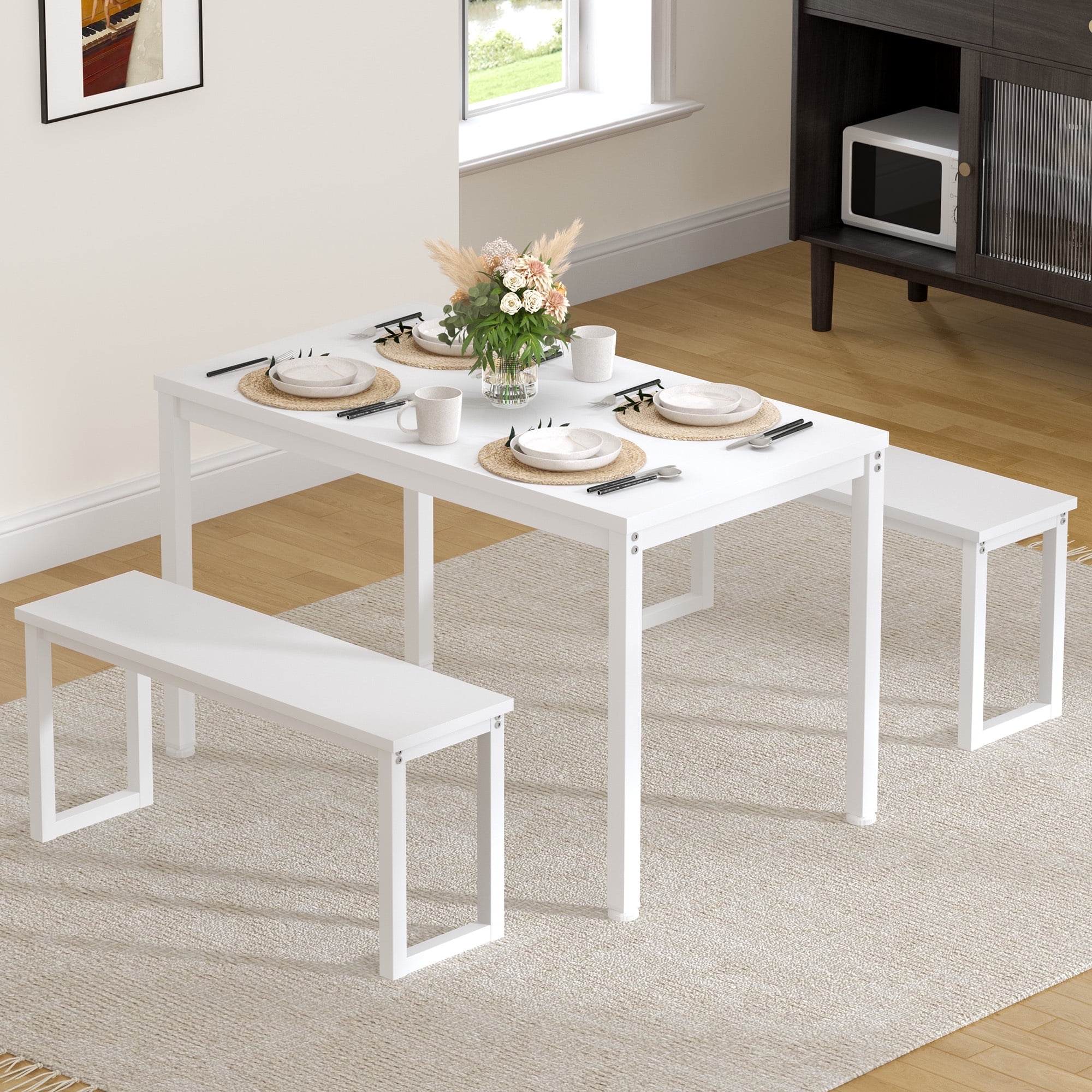 SogesPower Modern Dining Table Set with 2 Benches, 3 Piece Dining Table ...