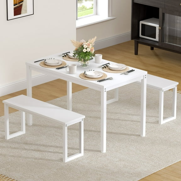 SogesPower Modern Dining Table Set with 2 Benches, 3 Piece Dining Table Set- White