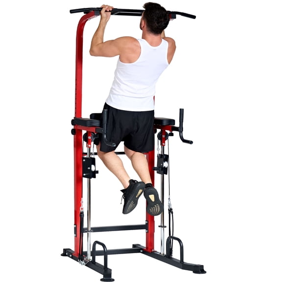 SogesPower Power Tower Pull Up Bar Station Power Rack, 10 Height Adjustable Dip Stands, Multi-Functional Workout Machine for Home Gym Strength Training Fitness Exercise , Red