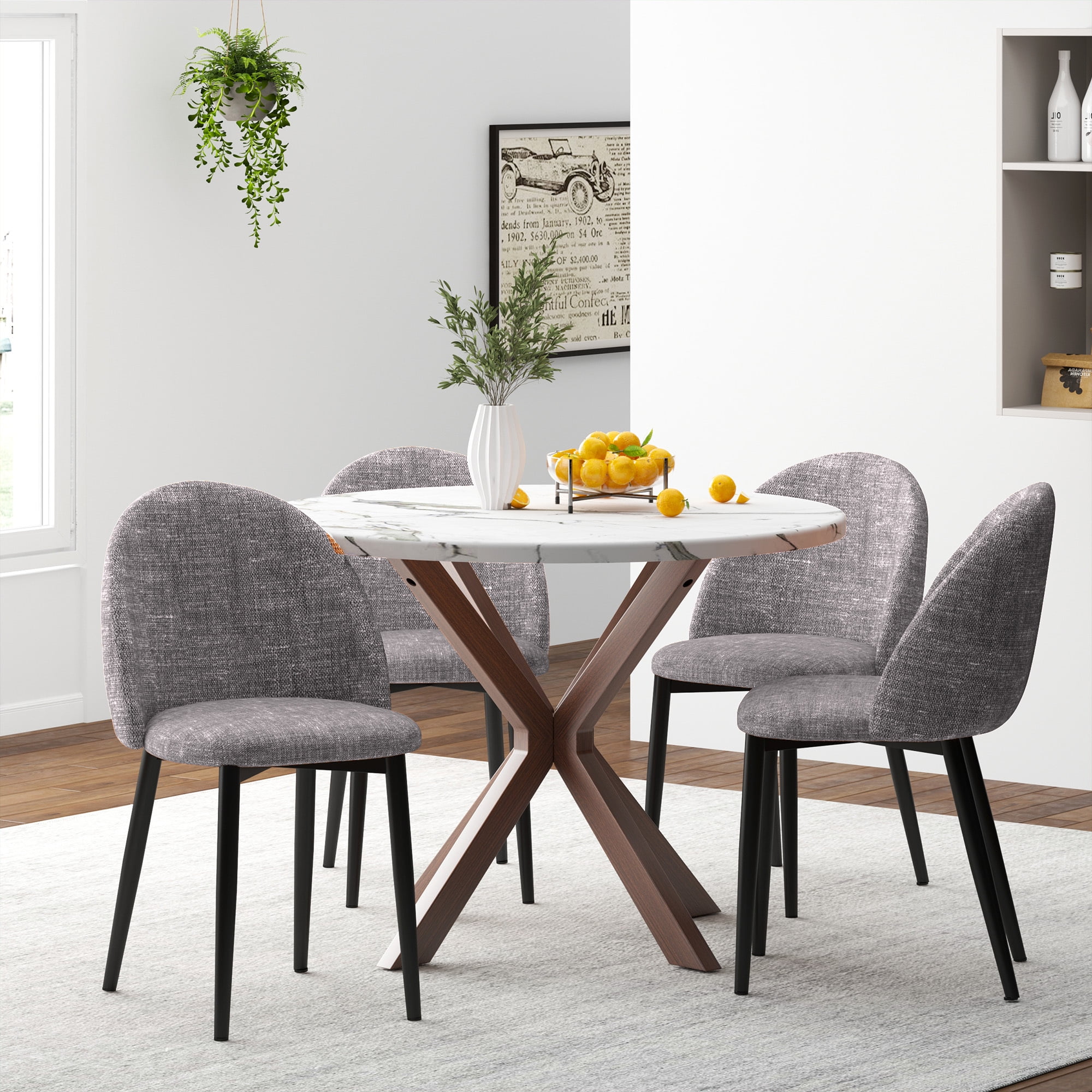 SogesPower Stylish Round Dining Table and Chair Set with Walnut Legs (1 Table wiht 4 Chairs ...