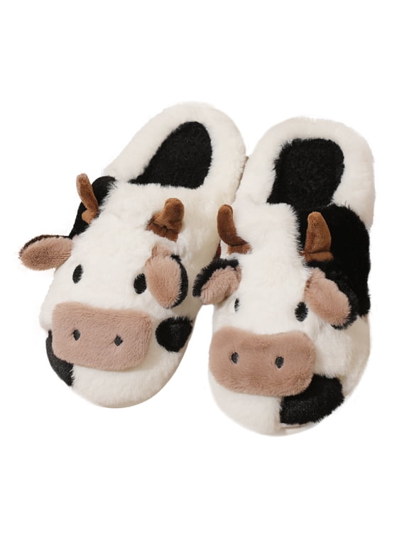 Womens Cute Cow Slippers Soft Warm Fuzzy House Shoes for Women and Men