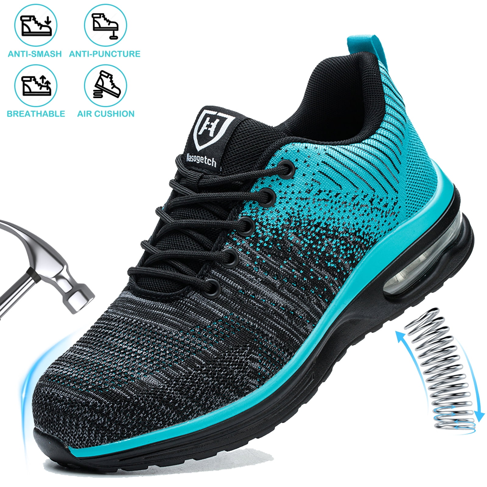 Veiligheidsschoenen Heren Dames Werkschoenen met Stalen Neus Lichtgewicht Antislip Werkveiligheidsschoenen Ademend Comfortabel Werksneakers met Draaiknop, Blauw, 42 EU