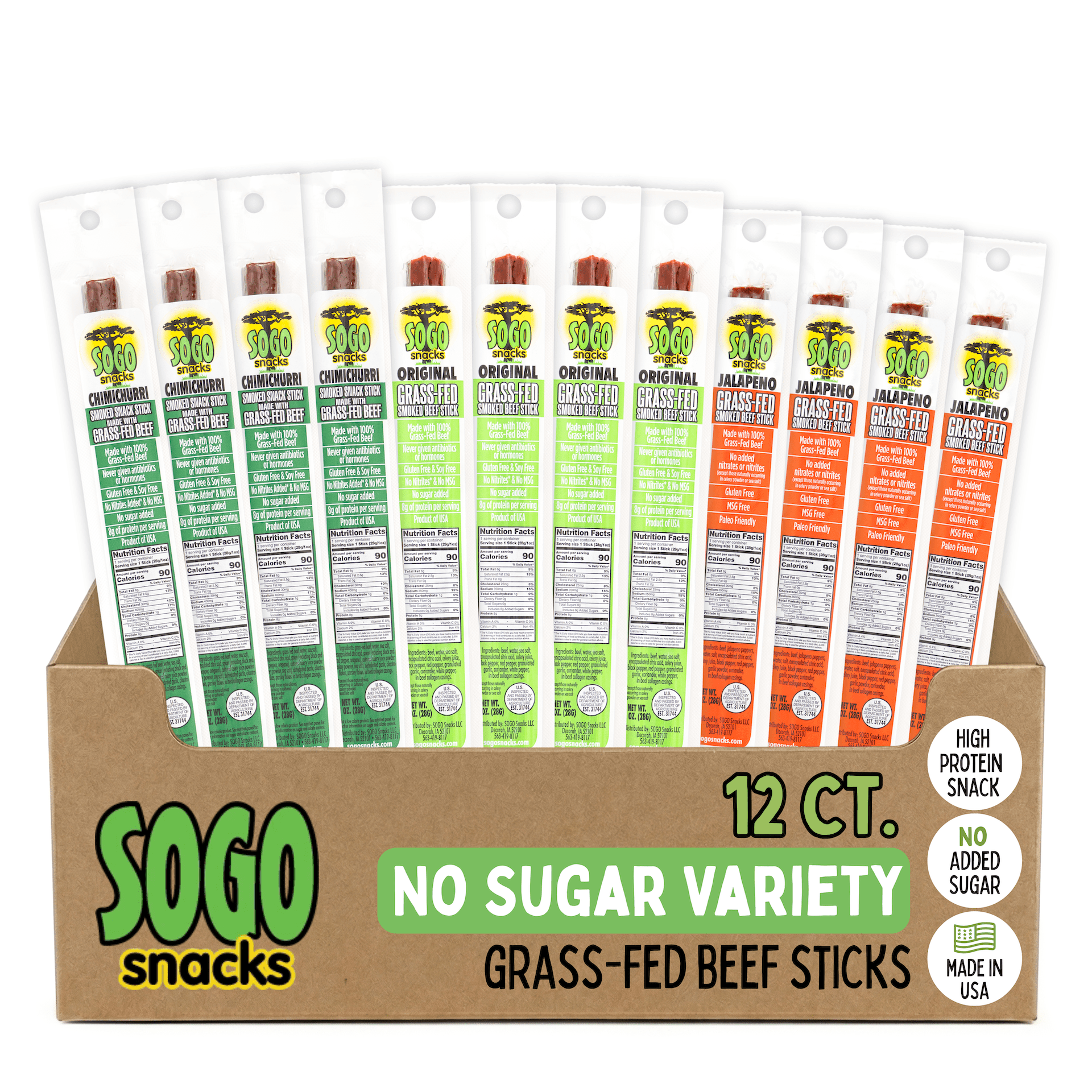 Sogo Snacks No Sugar, 100% Grass-fed, Non-GMO Beef Sticks Variety Pack. Paleo, Whole30 & Keto Friendly. Nitrate, MSG, Gluten, & Soy Free. (4 Original, 4 Chimichurri, 4 Jalapeno, 12-Count, 1-oz)
