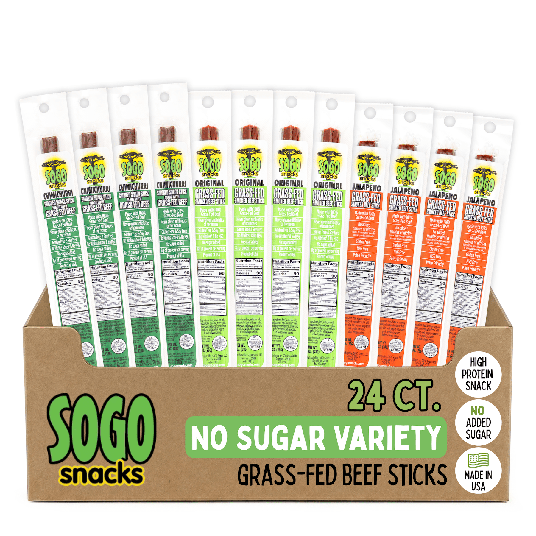 Sogo Snacks No Sugar, 100% Grass-fed, Non-GMO Beef Sticks Variety Pack. Paleo, Whole30 & Keto Friendly. Nitrate, MSG, Gluten, & Soy Free. (8 Original, 8 Chimichurri, 8 Jalapeno, 24-Count, 1-oz)