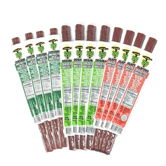 Sogo Snacks No Sugar, 100% Grass-fed, Non-GMO Beef Sticks Variety Pack. Paleo, Whole30 & Keto Friendly. Nitrate, MSG, Gluten, & Soy Free. (8 Original, 8 Chimichurri, 8 Jalapeno, 24-Count, 1-oz)