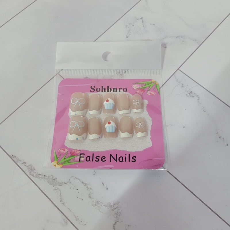 Sohbnro False nails, Short Square French Tip False Nails with Sweet Dessert Design