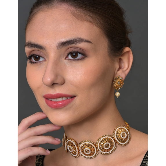 Sohi Gold-plated White Pearls Meenakari Jewellery Set