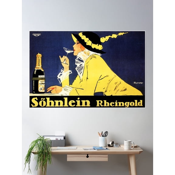 Sohnlein Rheingold Lithograph Art By Fritz Rumpf Vintage German Sparkling Wine Advert Poster Wall Art, Modern Wall Decor For Living Room Bedroom, 24x36 UNFRAMED