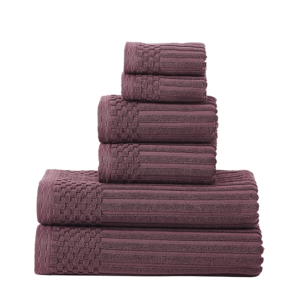 Soho 100% Combed Cotton Ribbed Stripes, 6-PieceTowel Set, 2 Bath, 2 Hand, 2 Face Plum