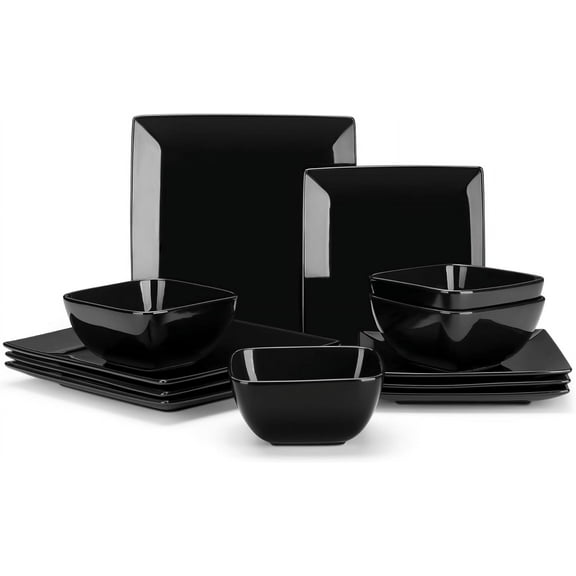 Soho Dinnerware Sets 12 Pieces, Black Stoneware Square Place Setting, Plates and Bowls Sets, Dinner Plate, Dishes Set for 4