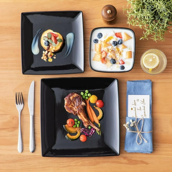 Soho Dinnerware Sets 12 Pieces Black Stoneware Square Place Setting Plates and Bowls for 4