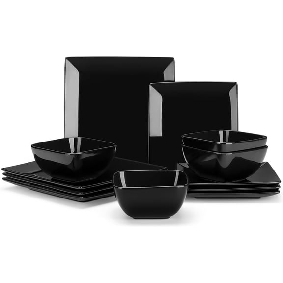 Soho Dinnerware Sets 12 count, Black Stoneware Square Place Setting, Plates and Bowls Sets, Dinner Plate, Dishes Set for 4