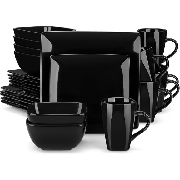 Soho Dinnerware Sets 24 count, Black Stoneware Square Place Setting, Dinner Plate, Cups and Plates Sets for Kitchen, Dish Set for 6